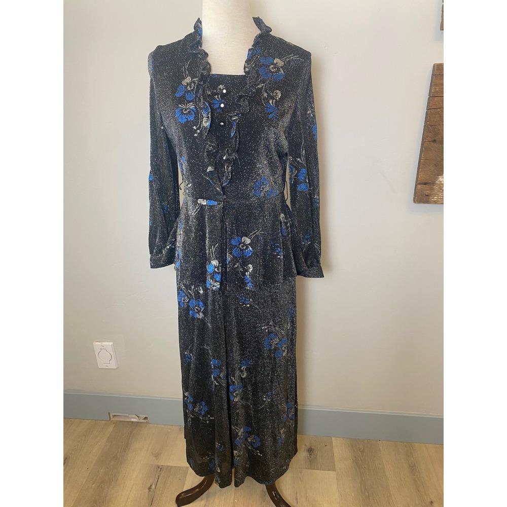 Vintage 70s Original New Look Metallic Silver Lurex Blue Floral Peplum Dress